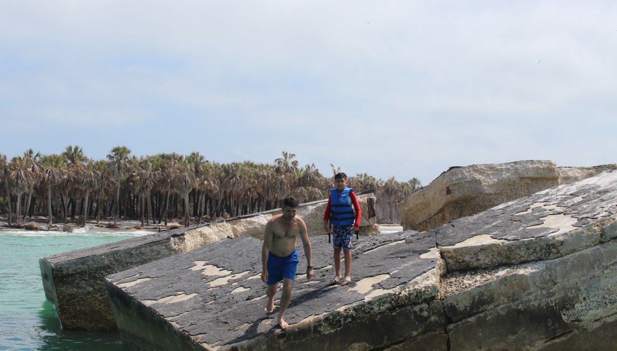 Two people walking on a rocky path near trees.